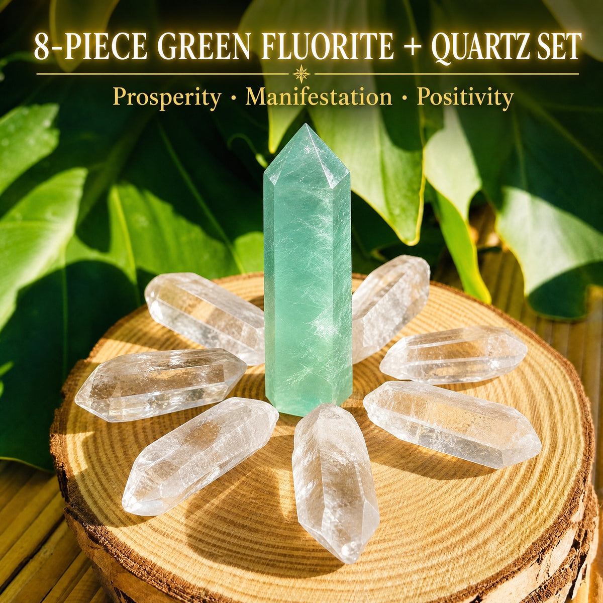 Ensemble 8 pièces fluorite verte + quartz