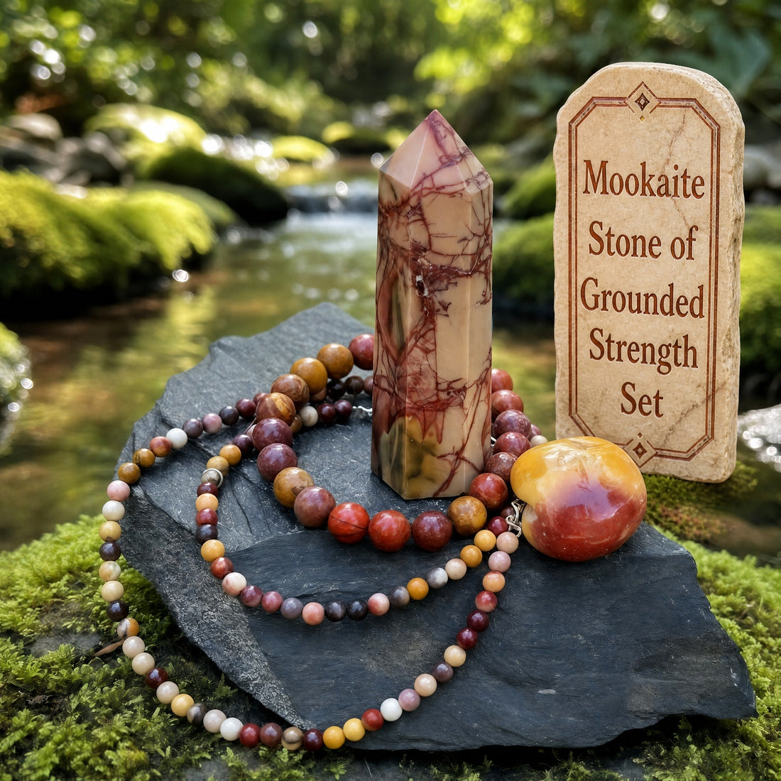 The four-piece mookaite set on slate by a stream: a red-veined point, a tumbled stone, a mala bracelet and a bead necklace