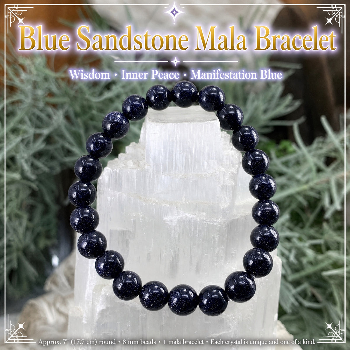 Bracelet Mala En Grès Bleu Avec Pochette En Velours