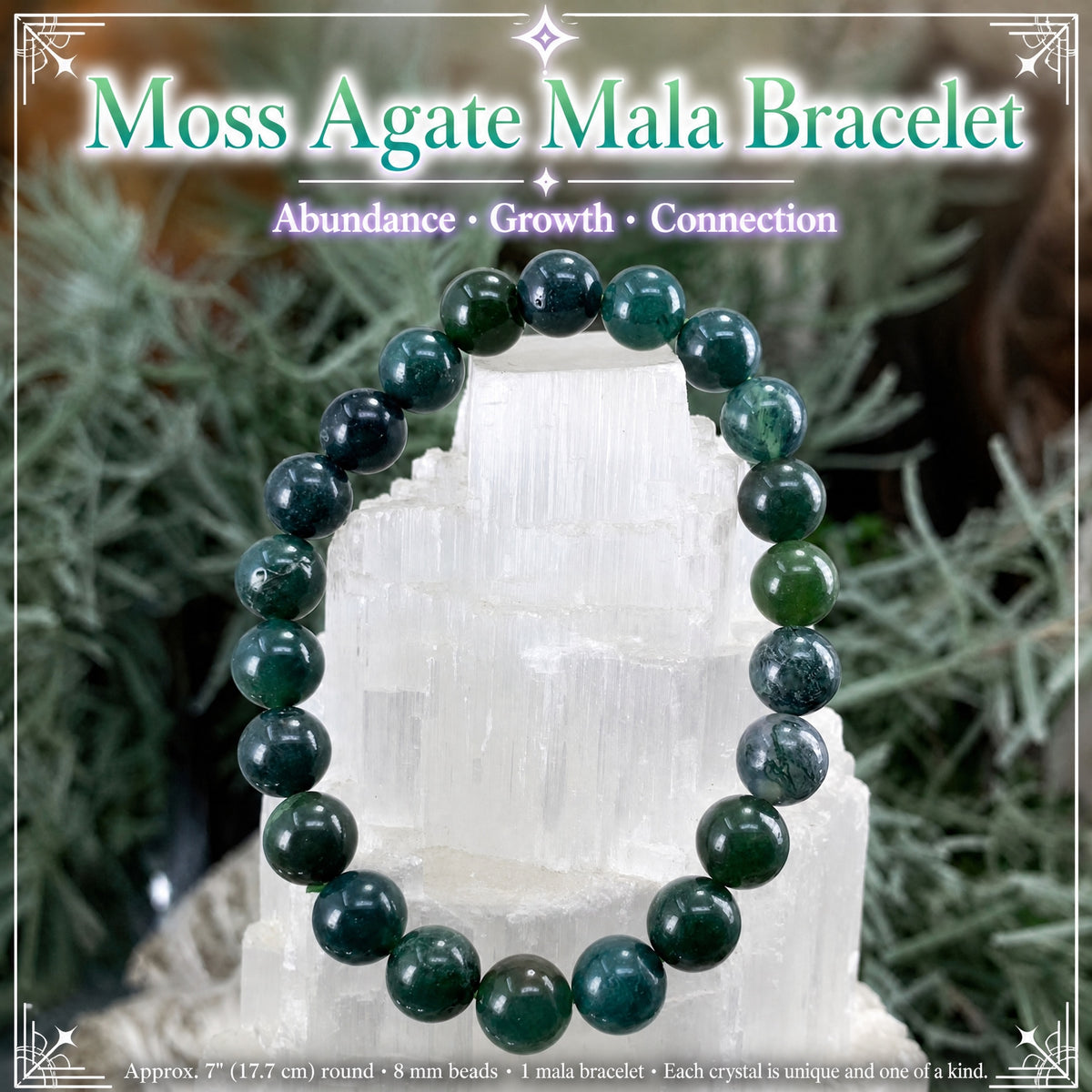 Bracelet Mala Moss Agate avec pochette en velours