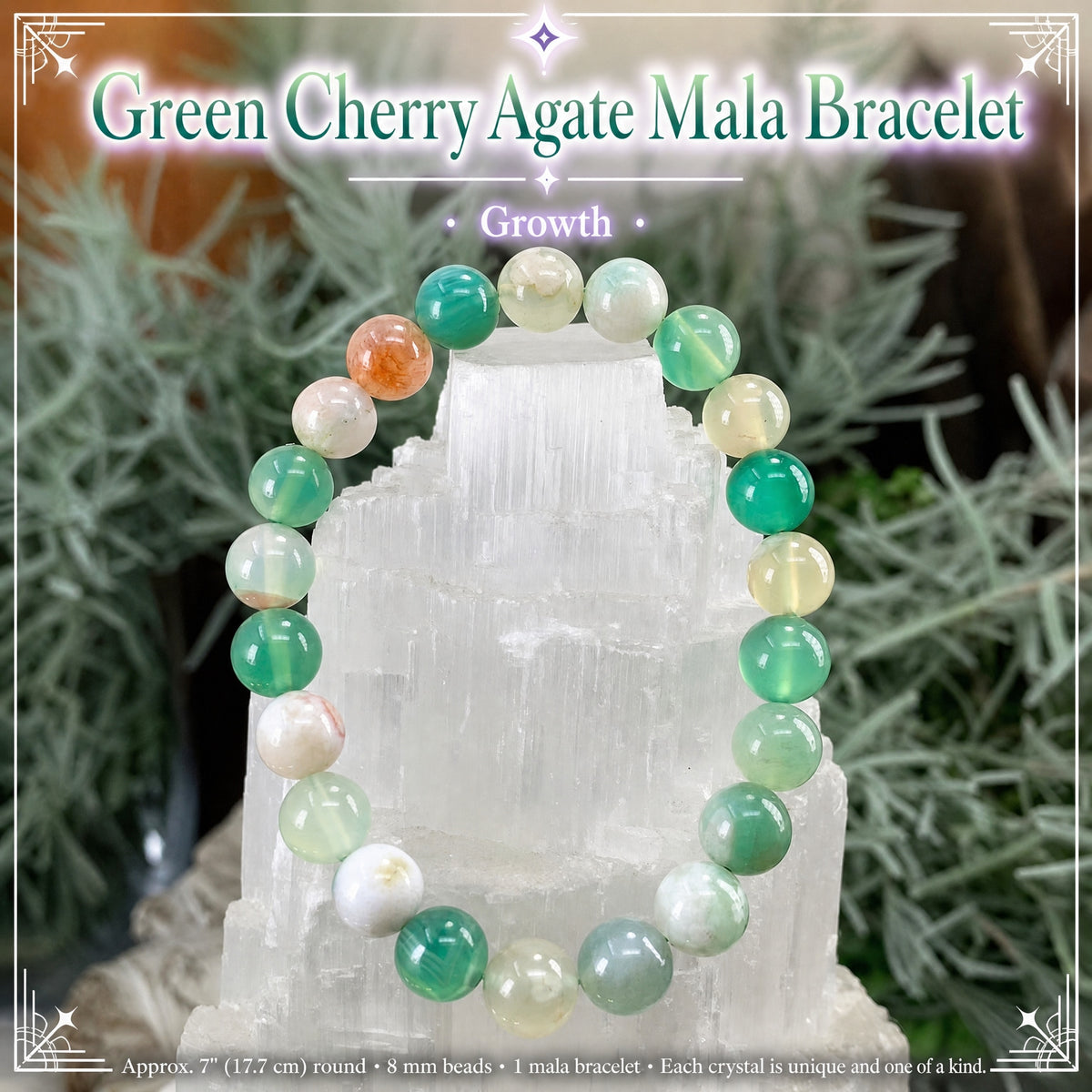 Bracelet Mala en agate cerise verte avec pochette en velours