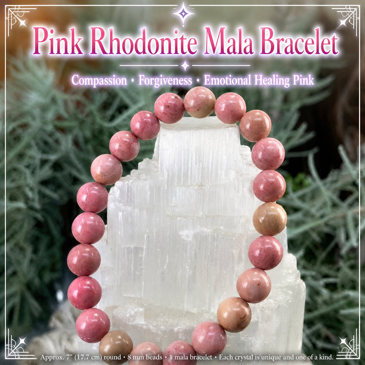 Bracelet Mala en Rhodonite rose avec pochette en velours