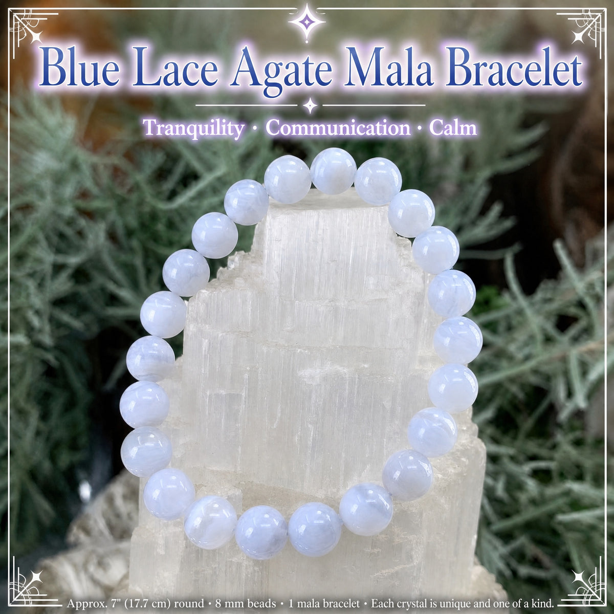 Bracelet Mala en dentelle bleue et agate avec pochette en velours