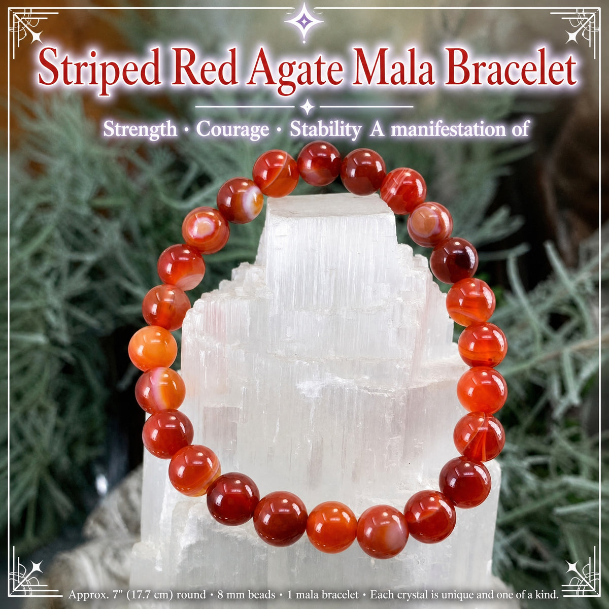 Bracelet Mala en agate rouge rayée avec pochette en velours