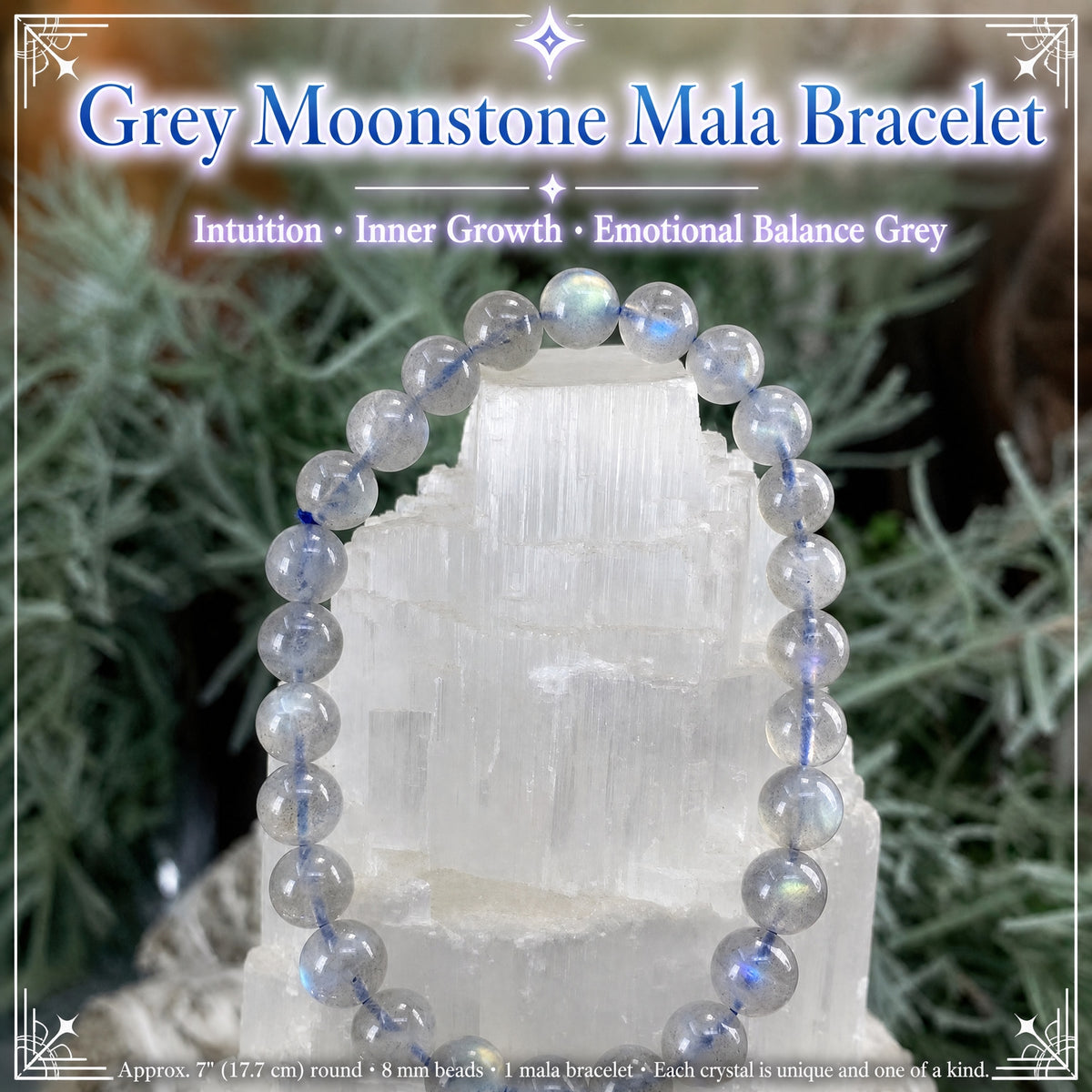 Bracelet Mala Pierre De Lune Grise Avec Pochette En Velours
