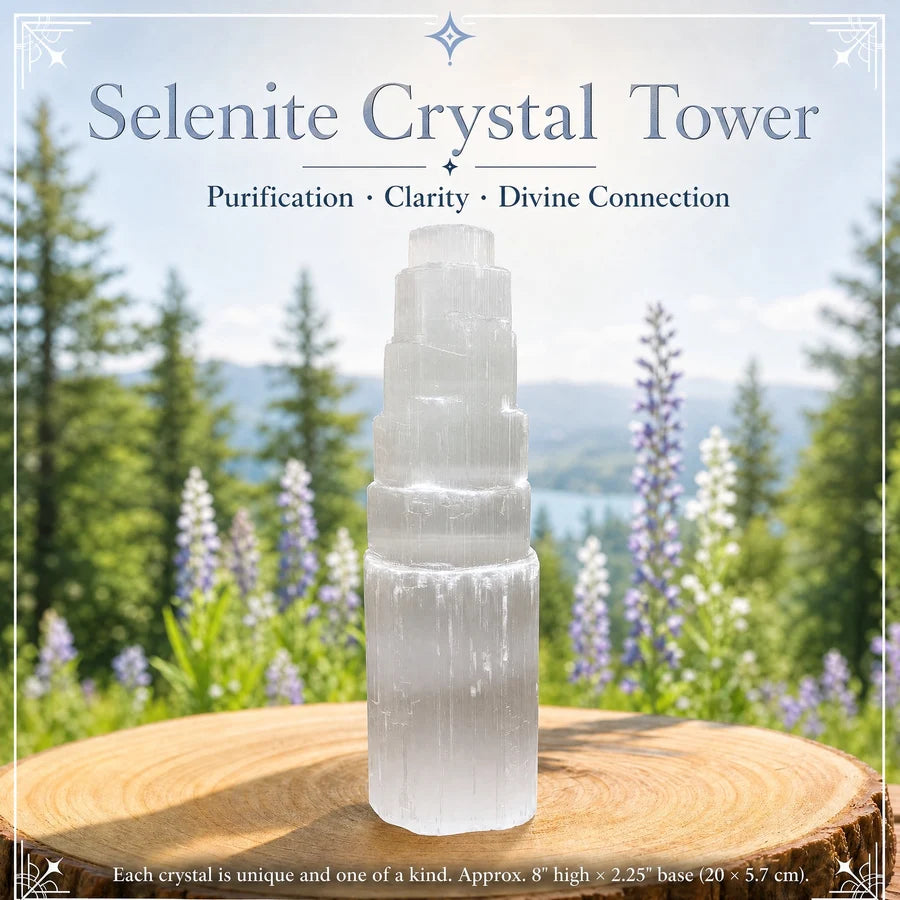 The tiered selenite tower standing unlit on a wooden slice outdoors among wildflowers