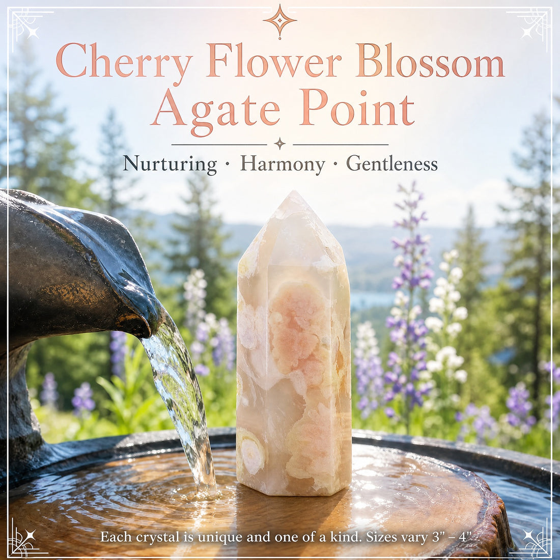 A polished cherry flower blossom agate point with pink and peach blossom patterns, standing beside a garden fountain