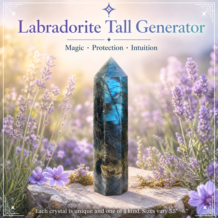 Labradorite tall generator flashing blue, standing on a stone among lavender