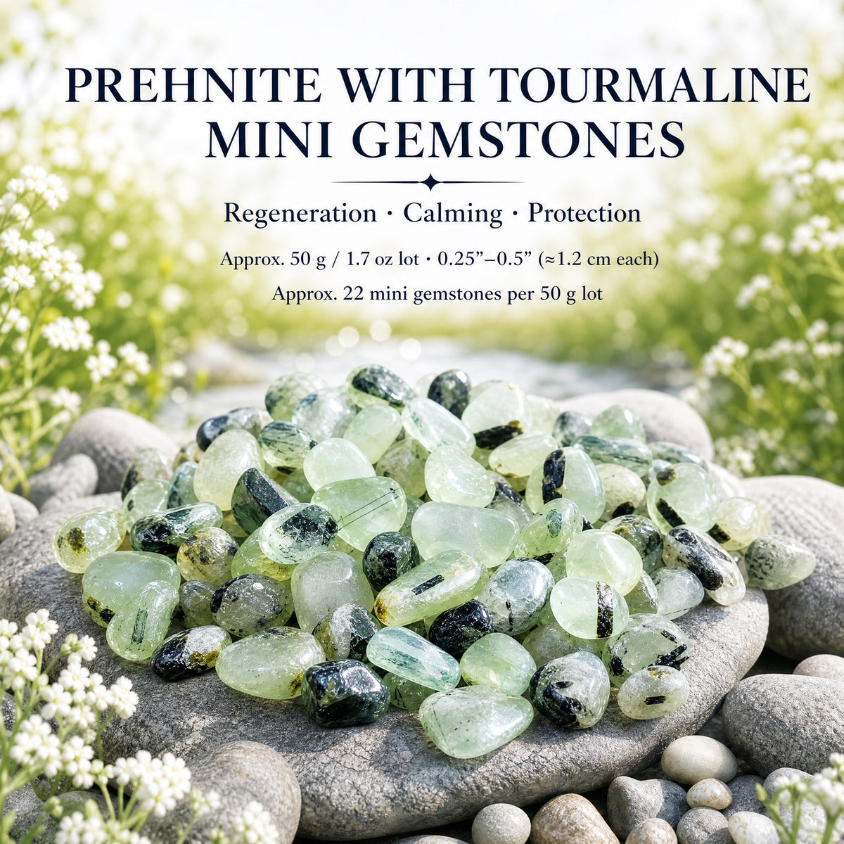 Prehnite avec mini pierres précieuses de tourmaline (lot de 50 grammes / 1,7 oz)