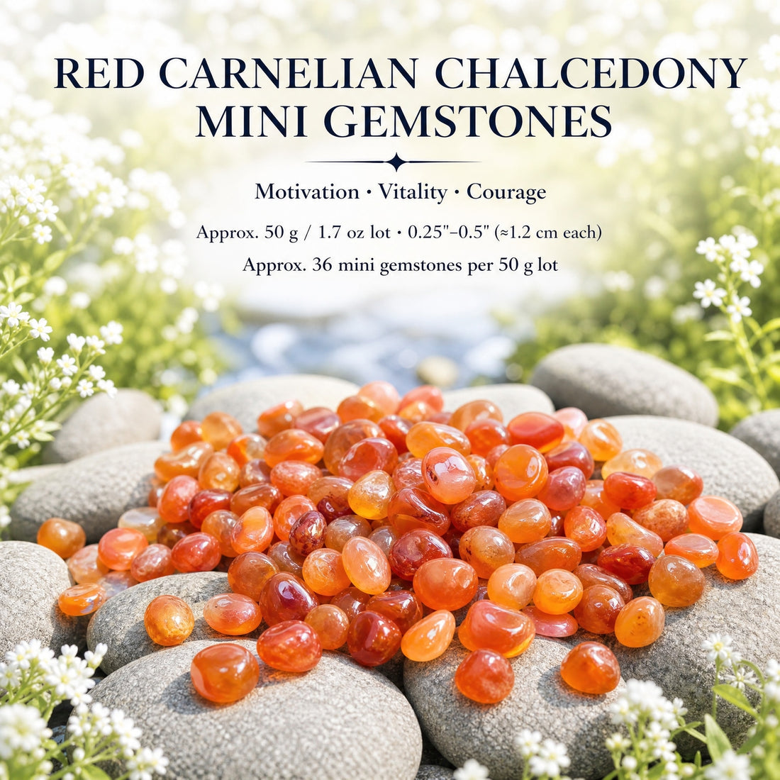 A heap of polished red-orange carnelian mini gemstones on grey river stones