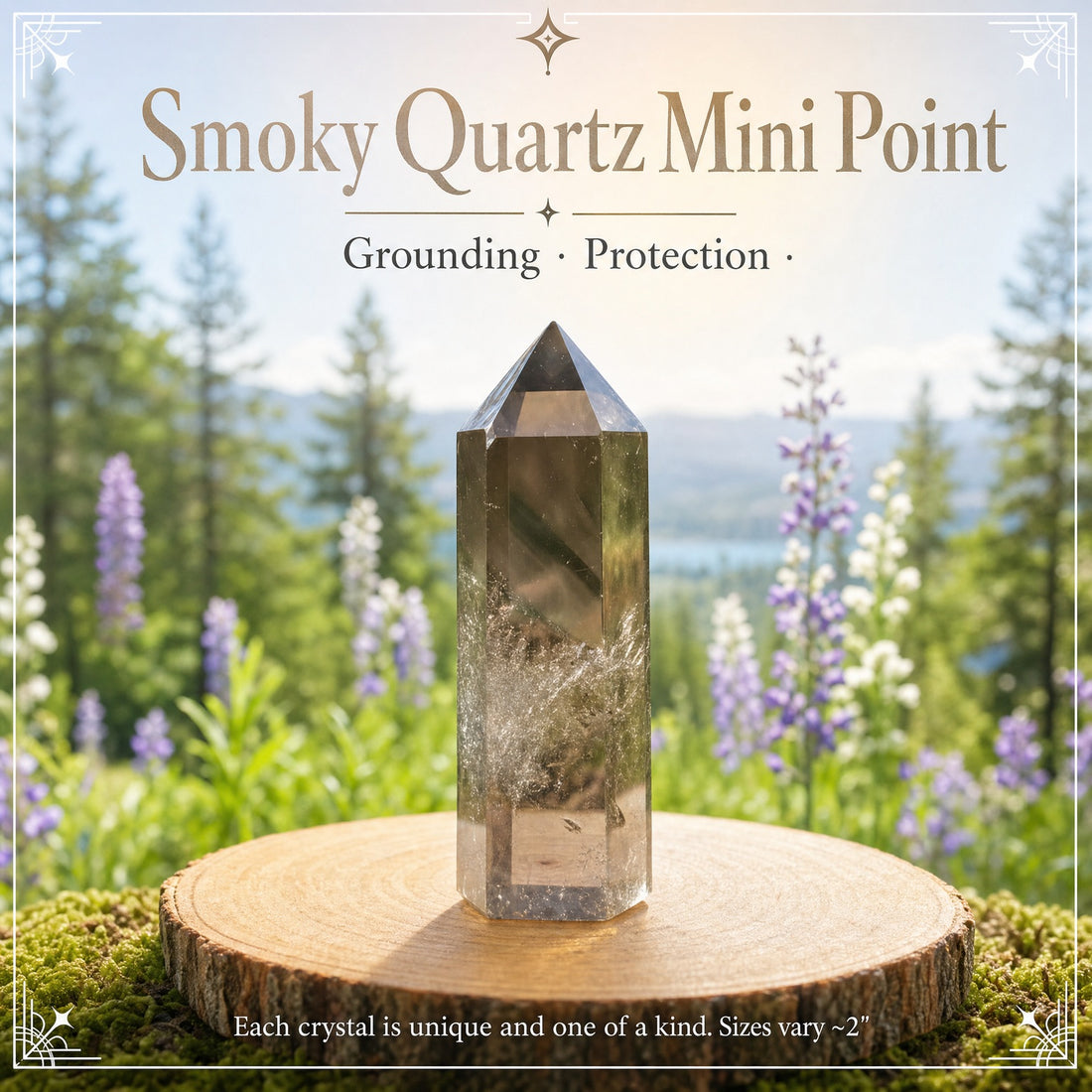 Smoky quartz mini point standing on a wood slice, showing wispy internal veils