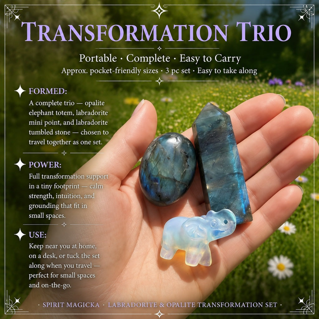 An open hand holding the opalite elephant, labradorite mini point and labradorite tumbled stone together