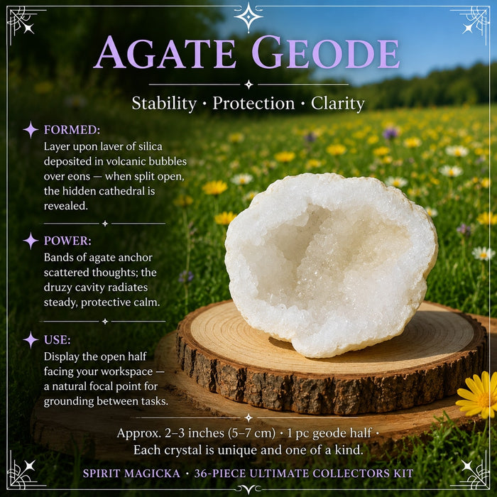 Agate geode half with a white crystal-lined center