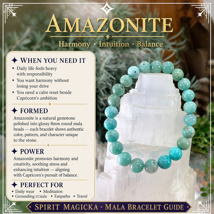 Sea-green amazonite bead bracelet on a selenite tower