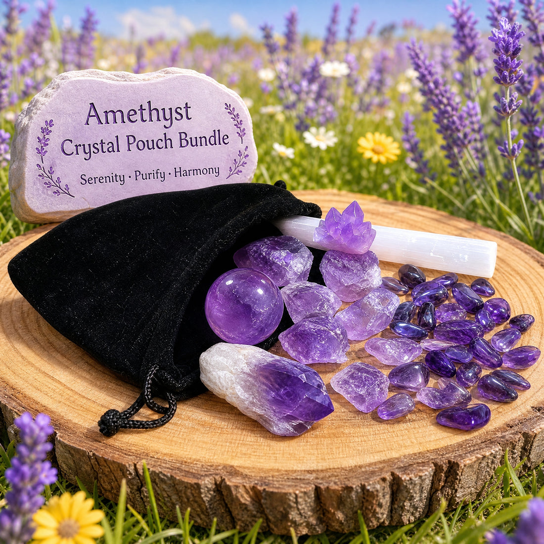 The whole bundle spilling from its velvet pouch: amethyst sphere, cluster, shard, rough crystals, tumbled gemstones and the selenite stick