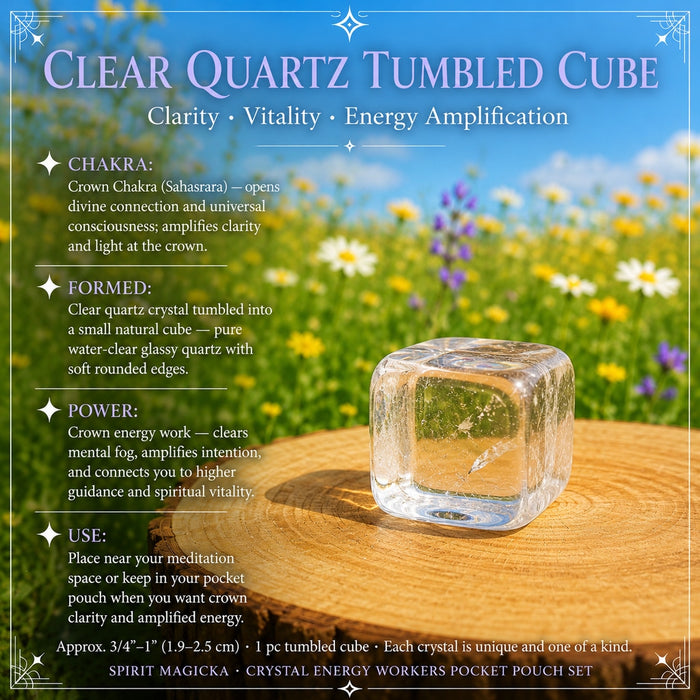 Water-clear quartz tumbled cube on a wooden slice in a flower meadow