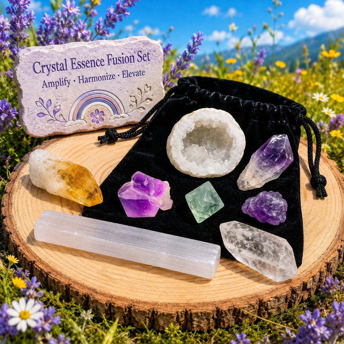 All eight crystals of the set laid out on a black velvet pouch: quartz geode, amethyst shard, amethyst fairy cluster, rough amethyst, citrine shard, selenite stick, clear quartz shard and green fluorite octahedron
