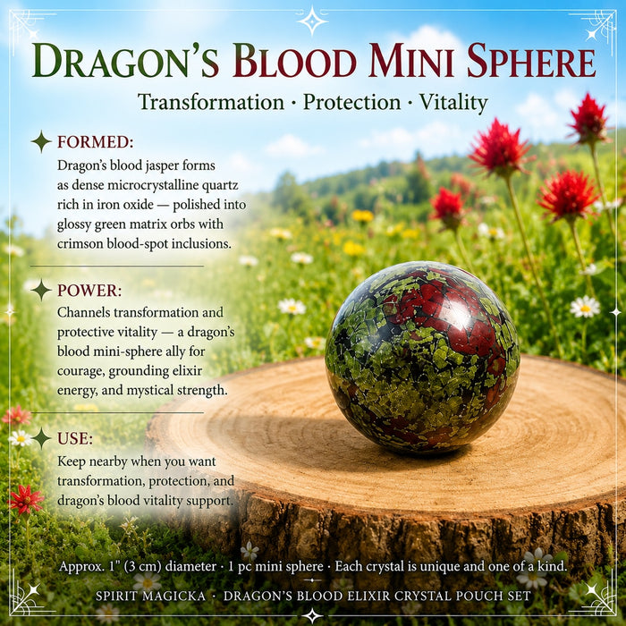 Dragon's blood mini sphere, green with crimson spots, on a wood slice
