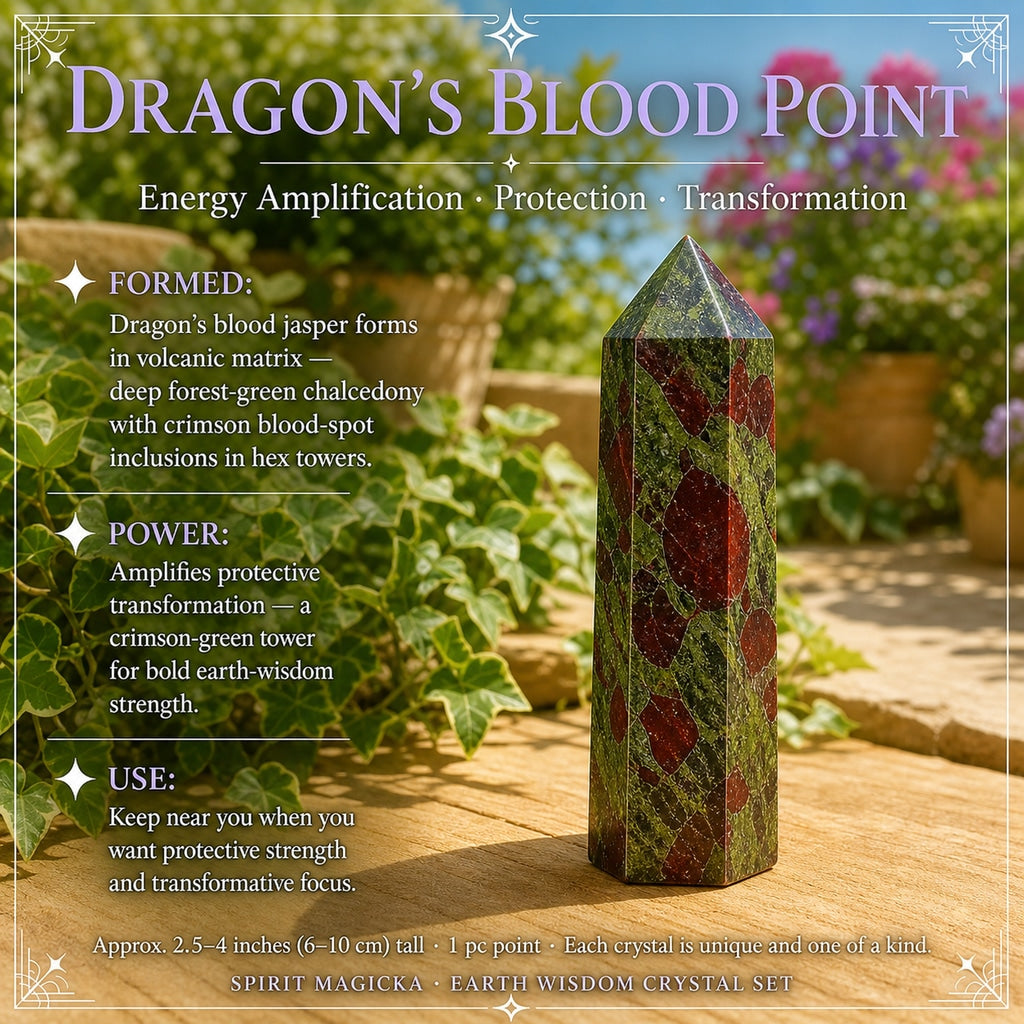A six-sided dragon’s blood point, forest green splashed with crimson, standing on a sunny wooden deck