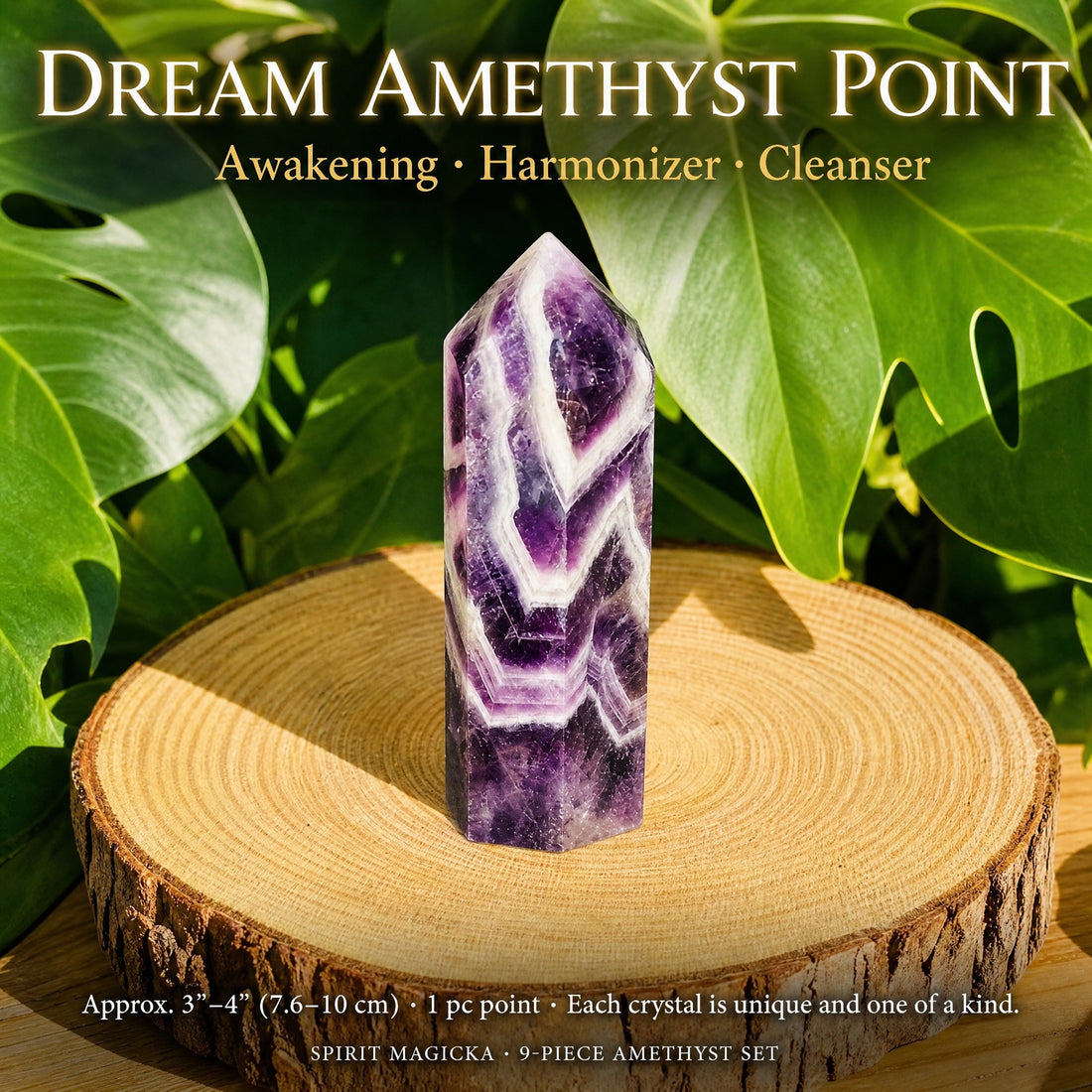 The Dream Amethyst point on its own, deep purple with white chevron bands rising to a faceted tip