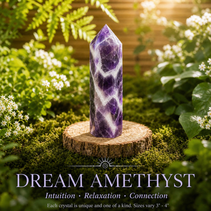 Dream amethyst point with purple and white chevron bands