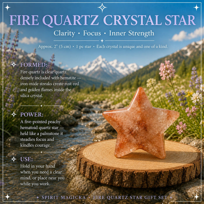 A five-pointed peachy fire quartz star on a wood slice by a mountain stream
