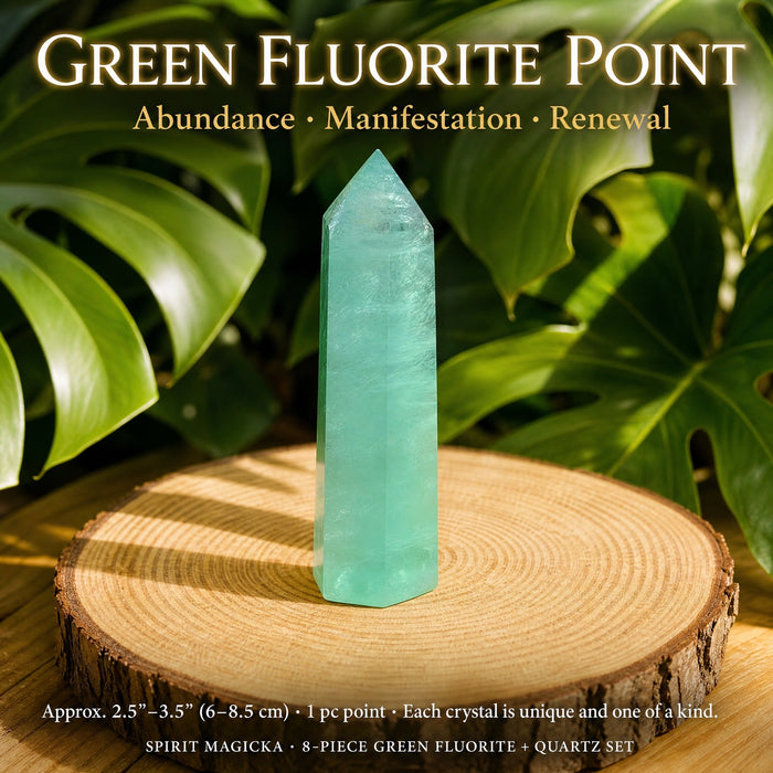 A single translucent green fluorite point standing on a wood slab