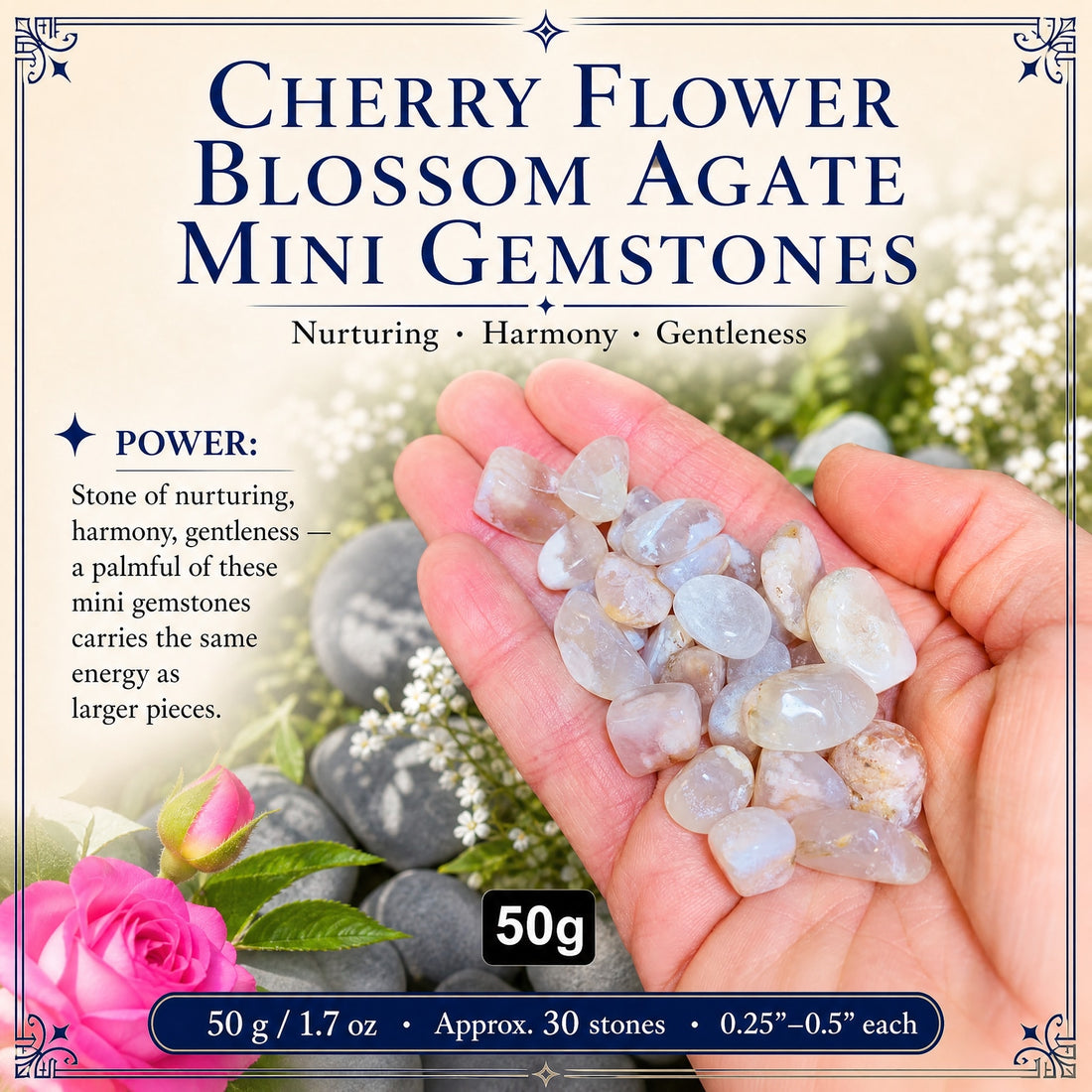 An open palm holding a 50 gram lot of cherry flower agate mini gemstones