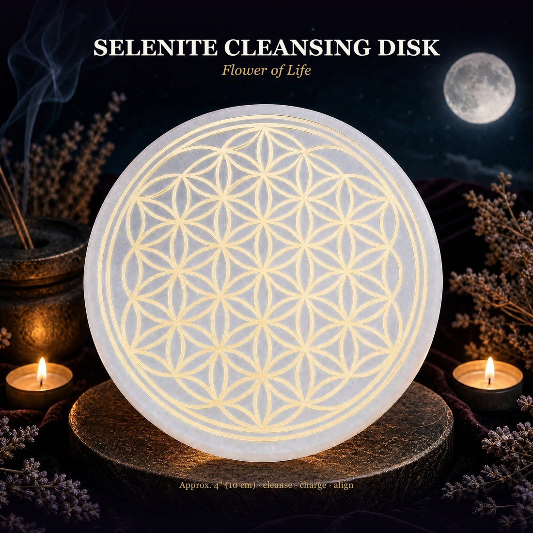 The round white selenite disk with a gold Flower of Life pattern, standing on a dark altar between candles and dried lavender under a full moon