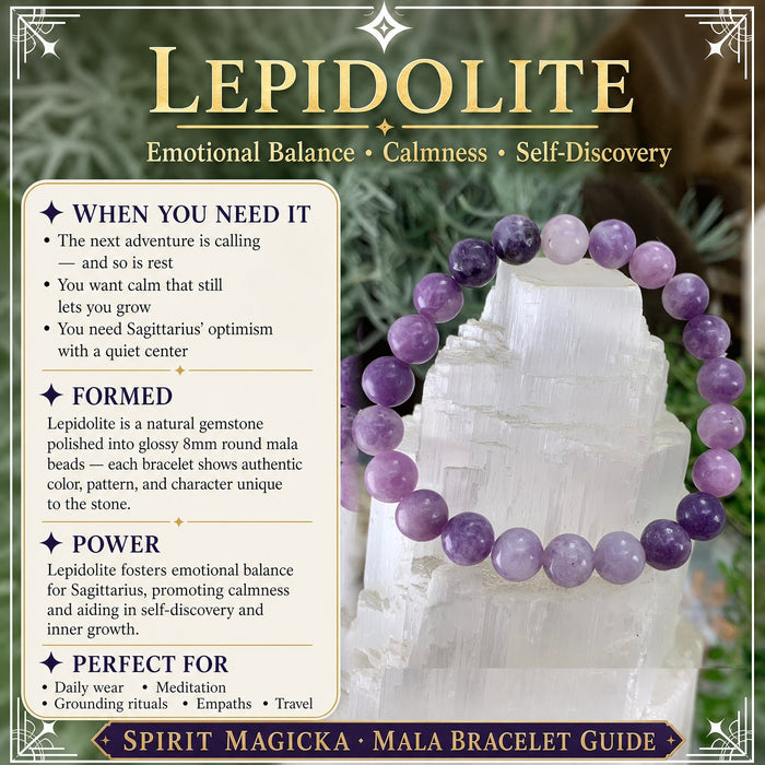 Lilac and purple lepidolite bead bracelet on a selenite tower