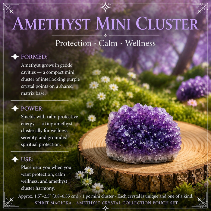 Amethyst mini cluster of interlocking purple crystal points on a wood slice