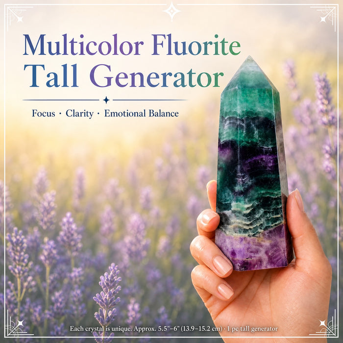 Tall green and purple banded fluorite generator held in a hand among lavender