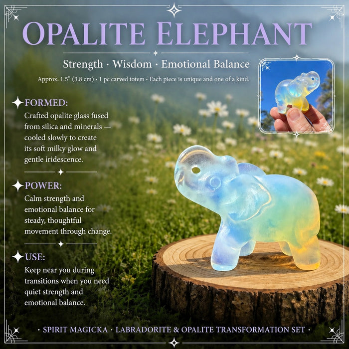 Hand-carved opalite elephant with its trunk raised, glowing blue and gold on a wooden round