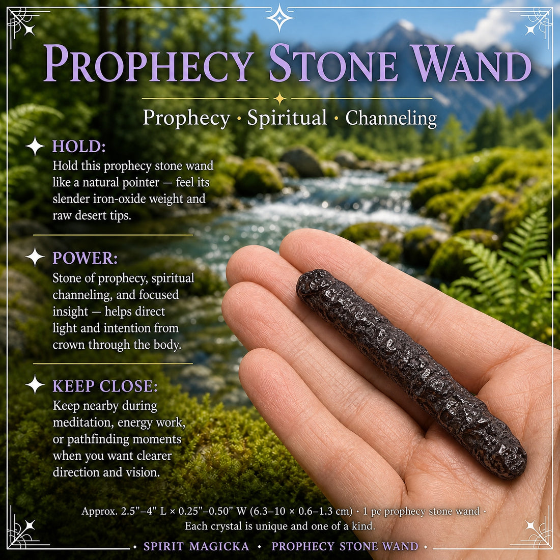 A slender prophecy stone wand resting across an open palm beside a forest stream