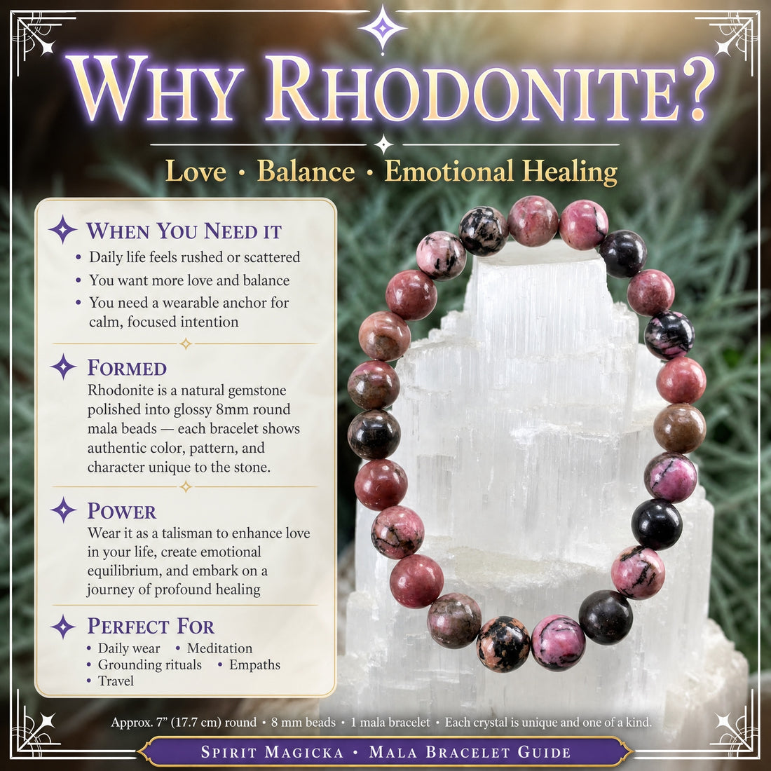 A rhodonite bead bracelet in rose pink and black on a selenite tower, beside a guide to rhodonite