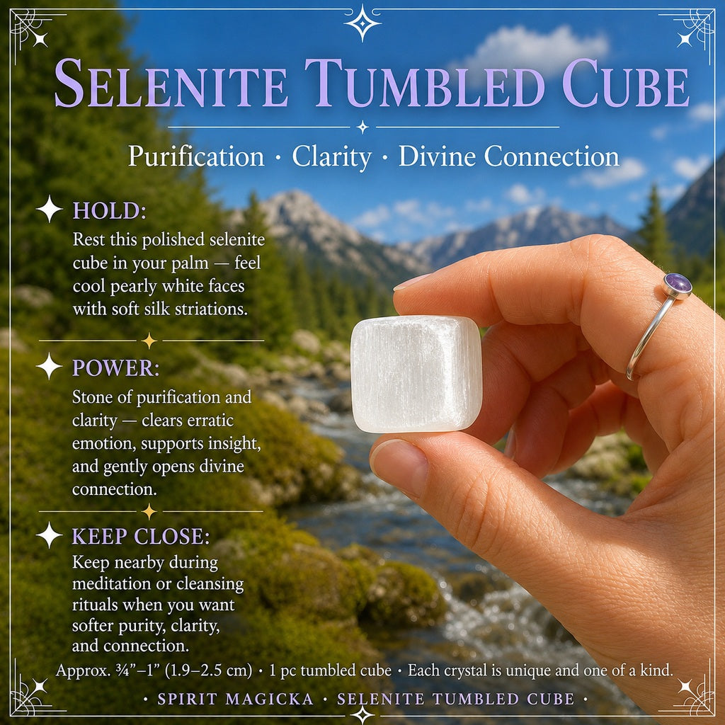 A pearly white selenite tumbled cube held between thumb and fingertips in front of a mountain stream