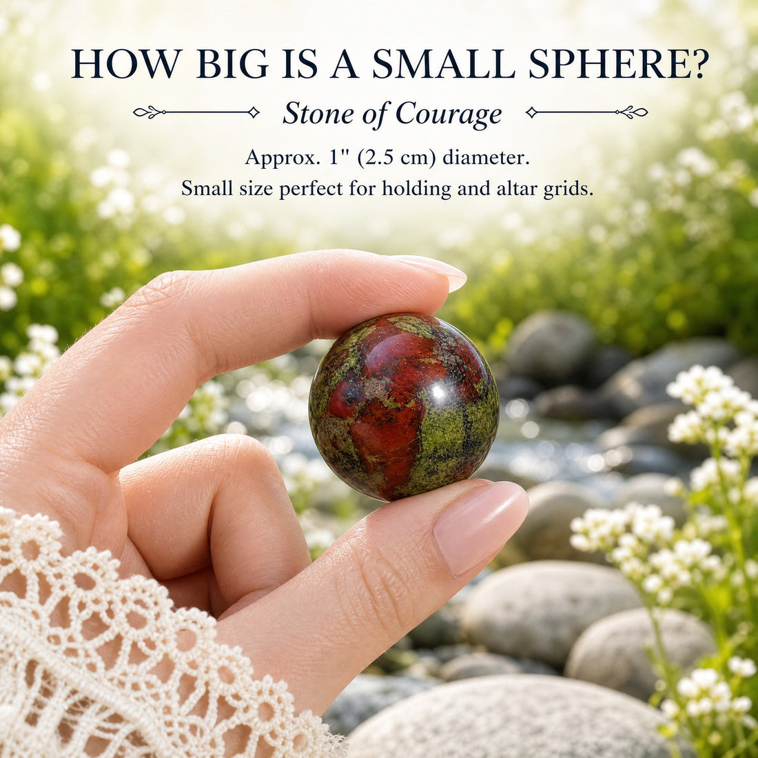 A small dragon blood jasper sphere with deep red patches and mossy green held between thumb and finger beside a stream