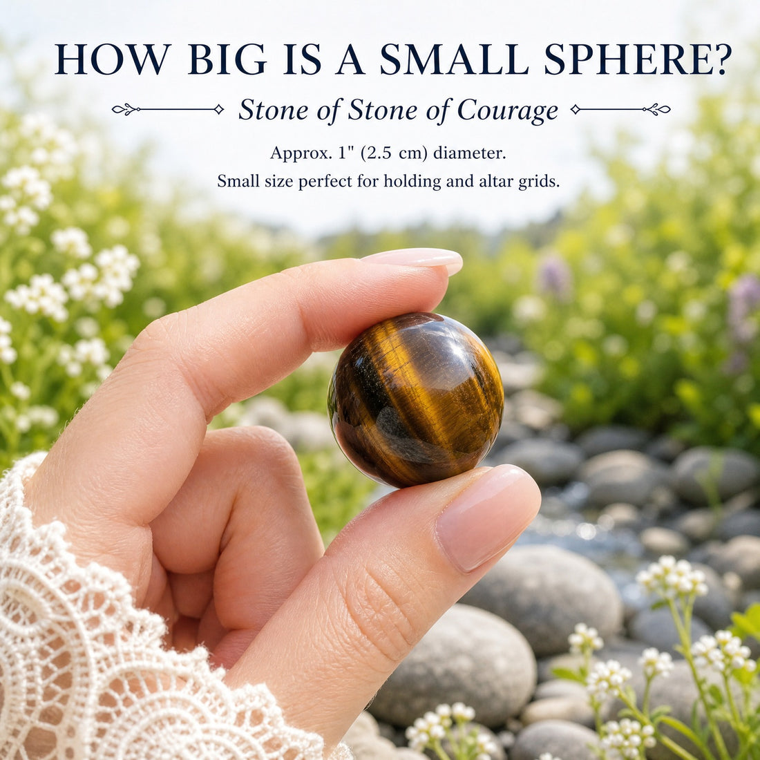 A small polished tiger’s eye sphere with golden and brown bands held between finger and thumb
