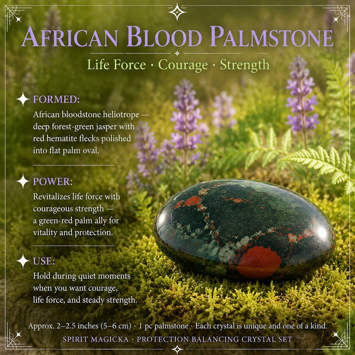 Glossy deep-green African bloodstone palmstone with red flecks resting on moss