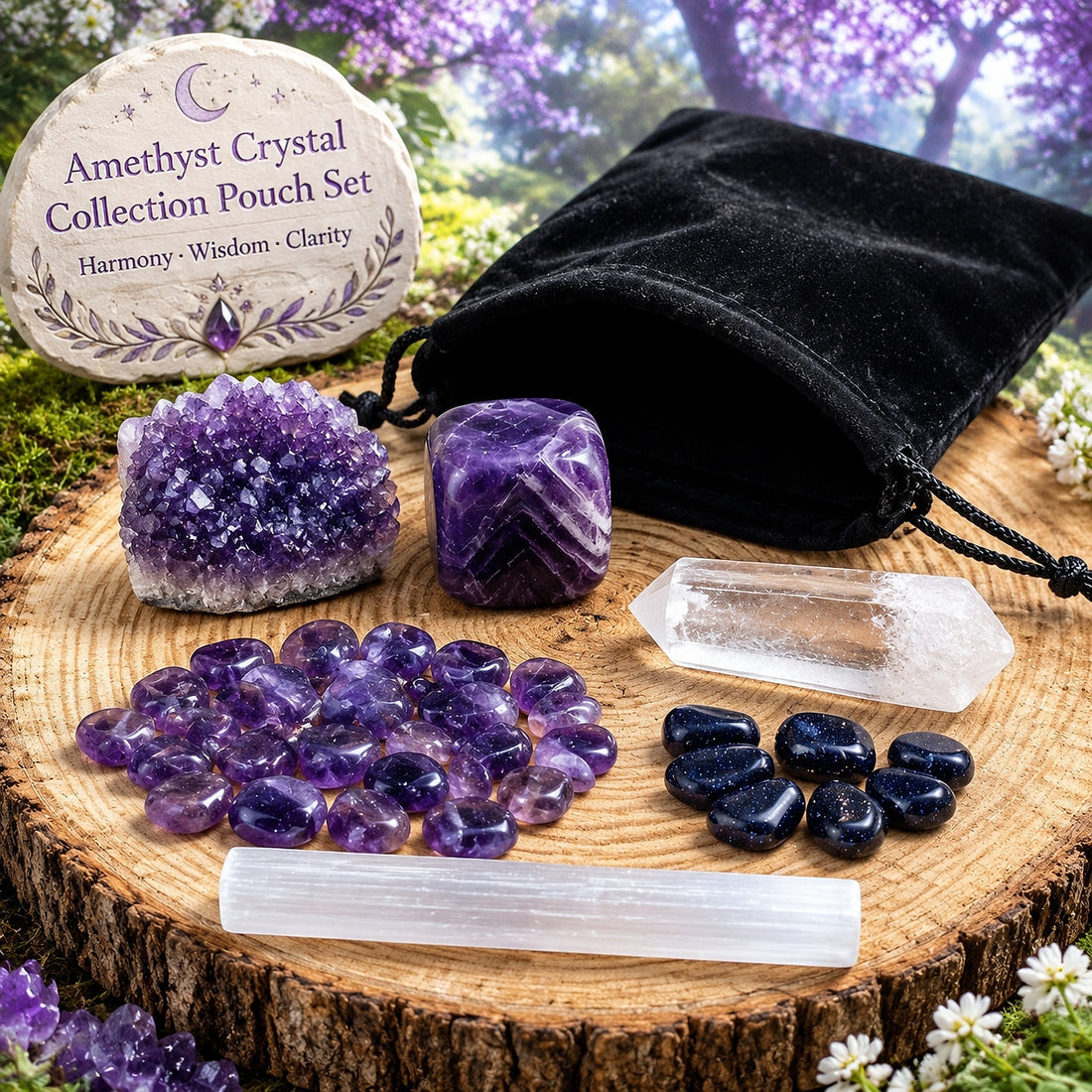 Amethyst mini cluster, chevron dream amethyst cube, clear quartz shard, amethyst and blue sandstone mini gemstones and a selenite stick on a wood slice beside a black velvet pouch