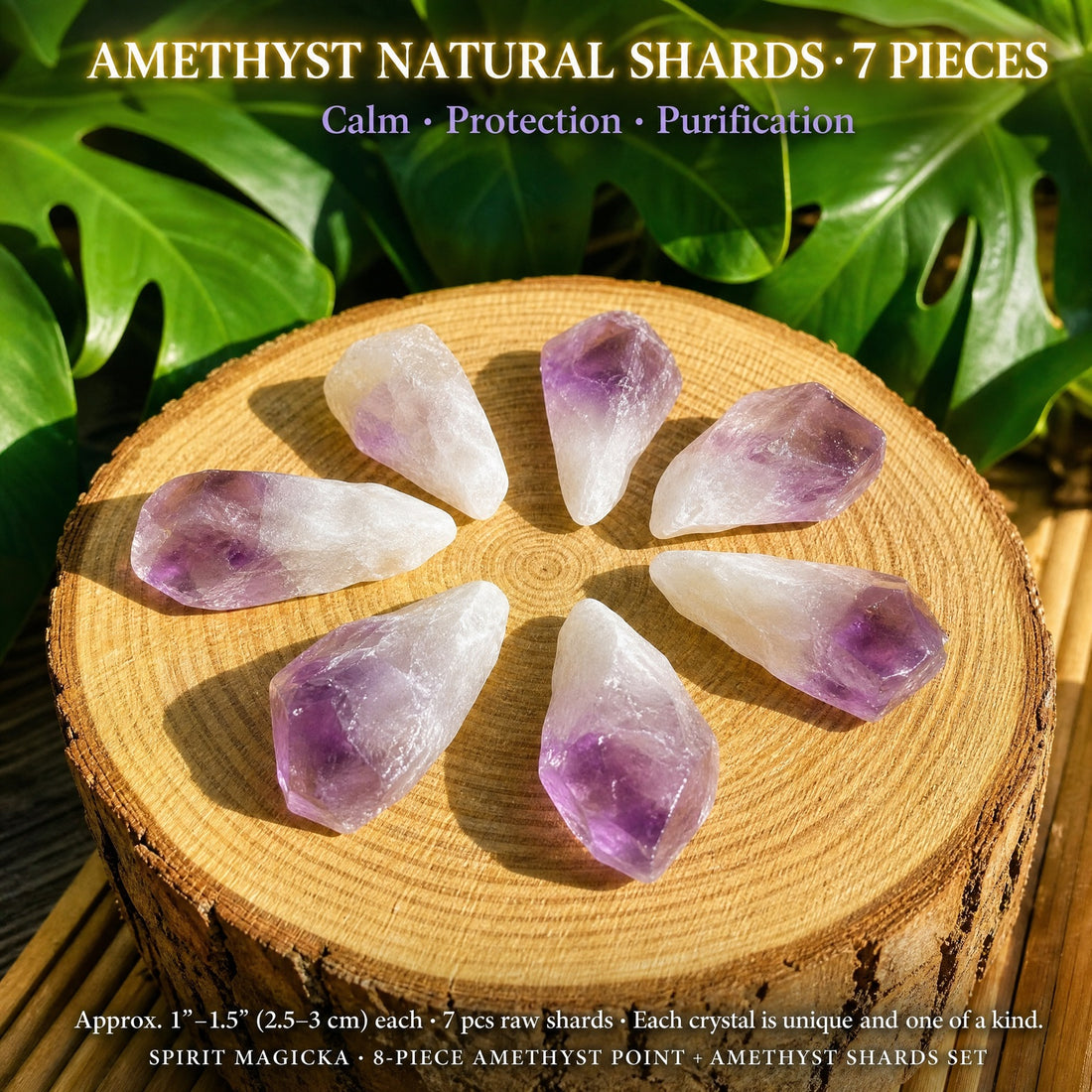 Seven raw amethyst shards, each white at the base and purple at the tip, arranged in a circle on a wood round