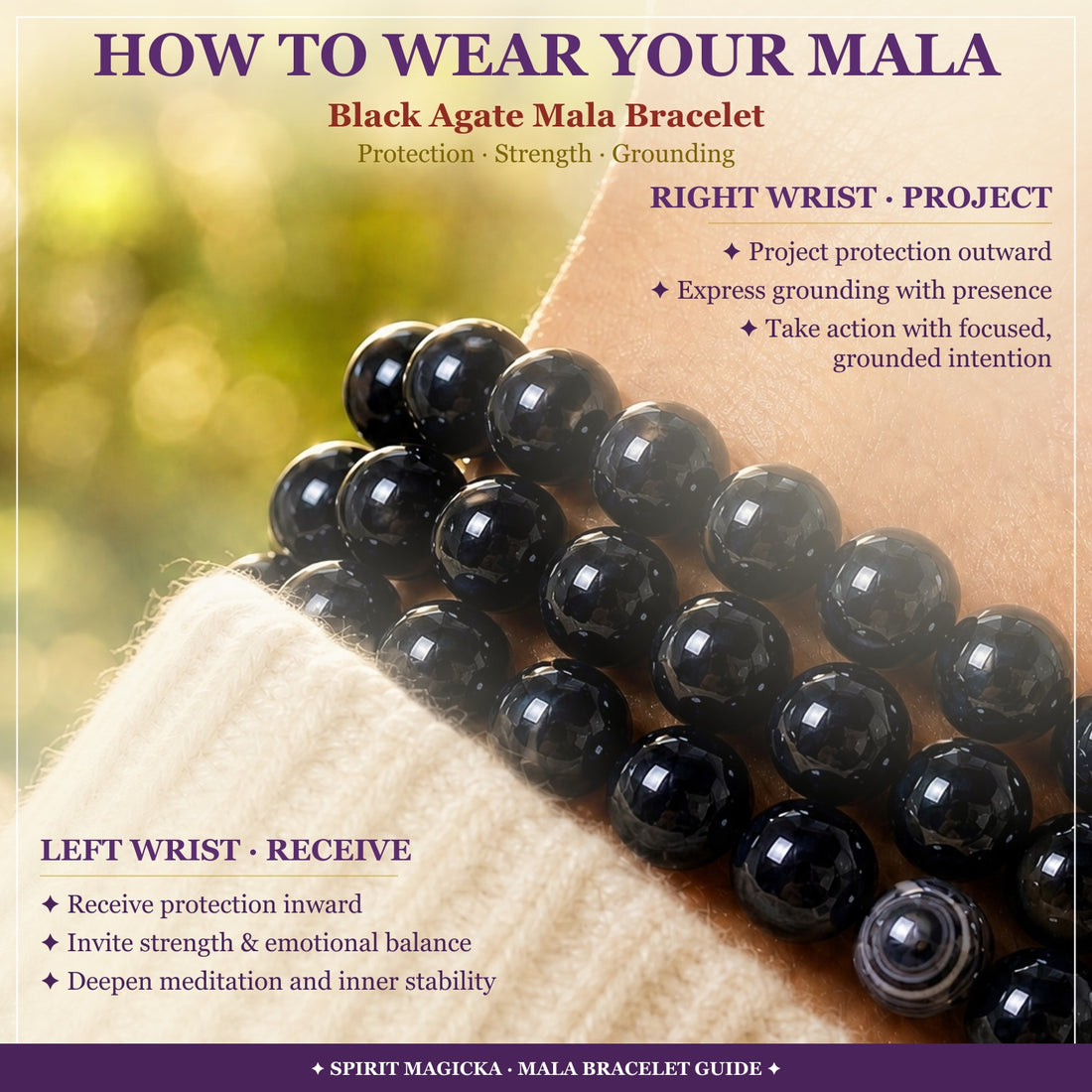 Black agate bead strands worn on a wrist beside a cream knit sleeve, with a guide to wearing the mala on the left or right wrist