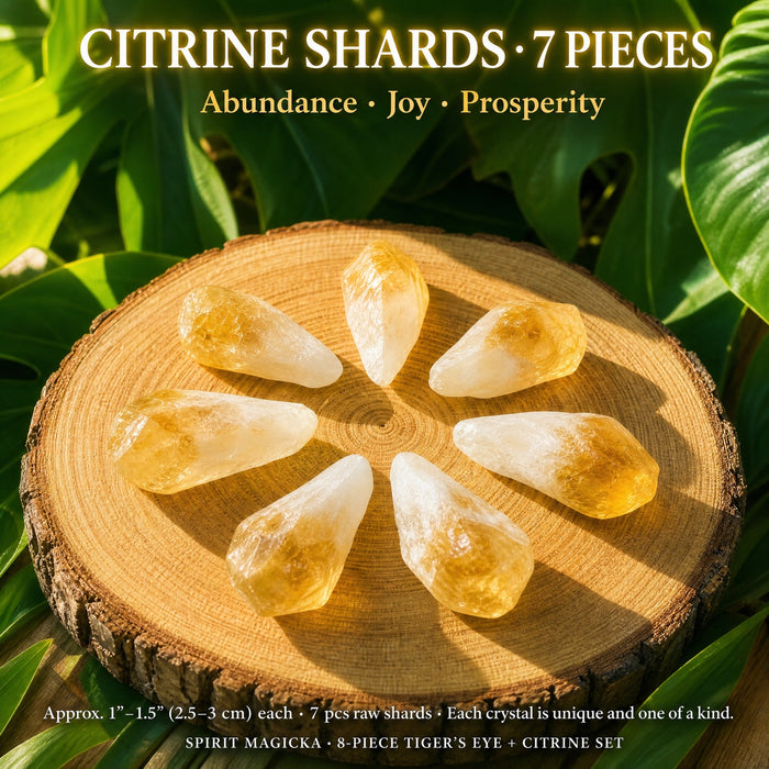 Seven raw citrine shards arranged in a circle on a wood slice