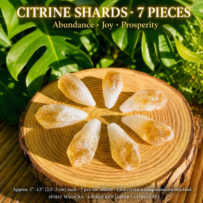 Seven raw citrine shards arranged in a circle on a wooden slice