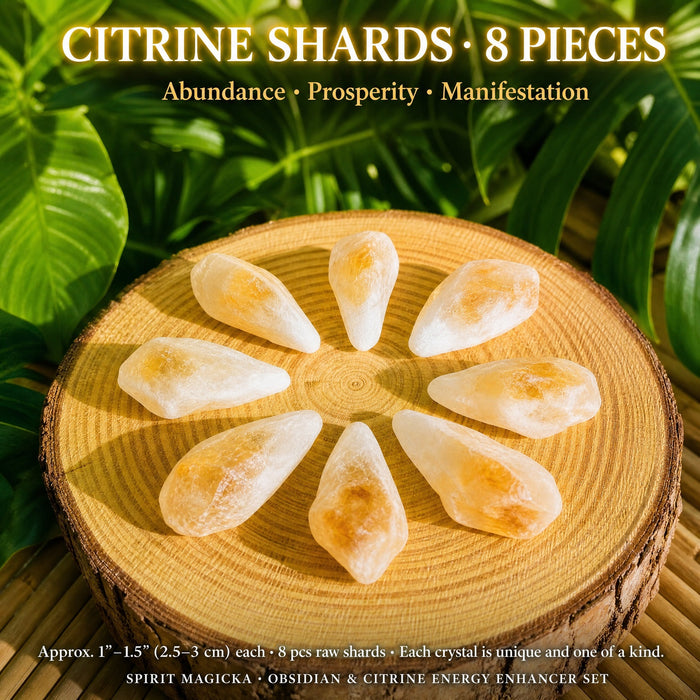 Eight golden citrine shards arranged in a circle on a wood slice