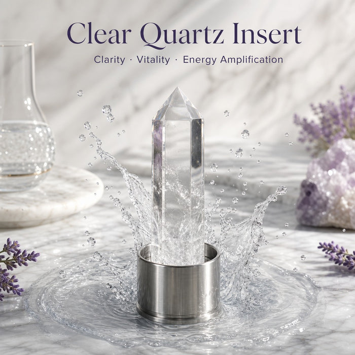 Clear quartz insert standing in a splash of water on marble
