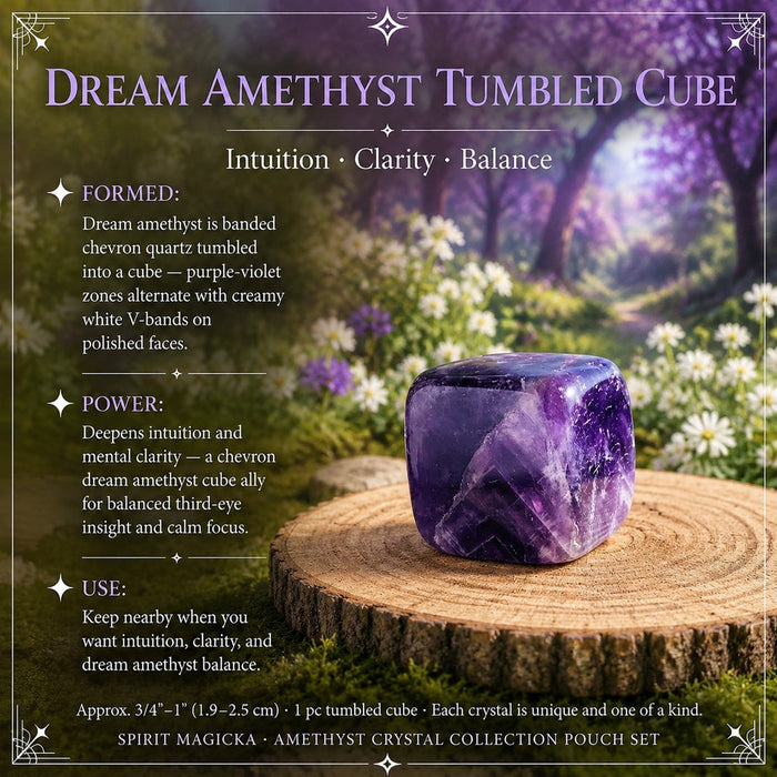 Dream amethyst tumbled cube with purple and creamy white chevron bands on a wood slice