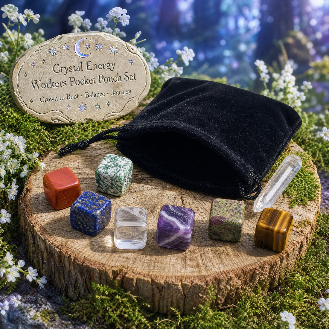 Seven colorful tumbled crystal cubes, a clear quartz shard and an open black velvet pouch on a wooden slice among moss and white flowers