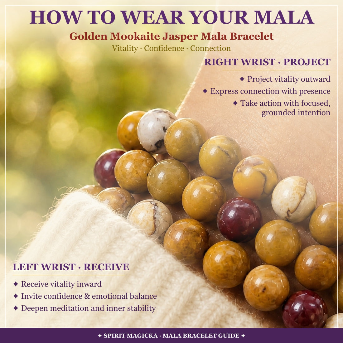 Golden mookaite jasper bead strands worn on a wrist beside a cream knit sleeve, with a guide to wearing the mala on the left or right wrist