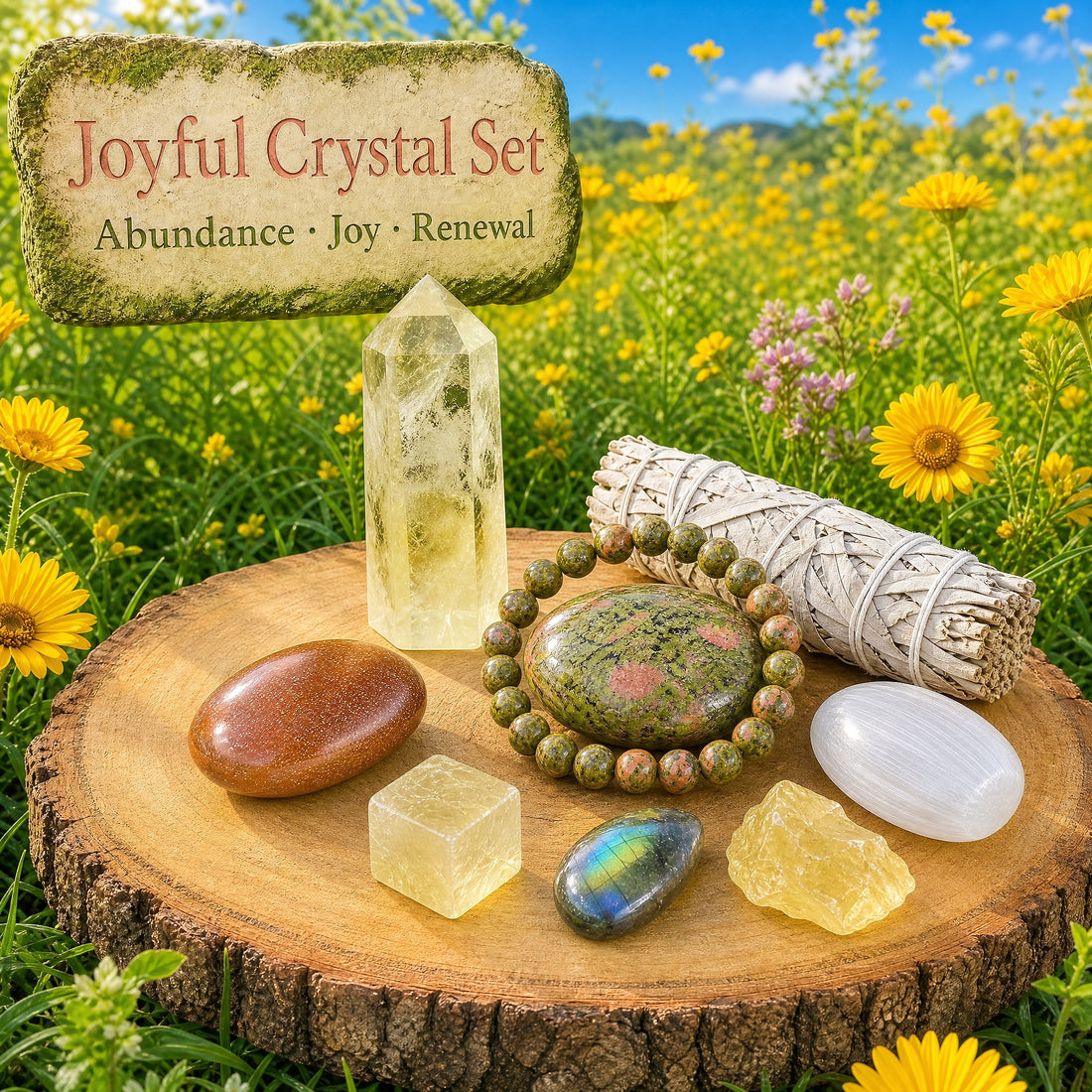 The full Joyful Crystal Set on a wooden slice in a flower meadow: citrine point, unakite palmstone and mala bracelet, sage bundle, selenite ellipse, sunstone, citrine cube, labradorite cabochon and rough citrine